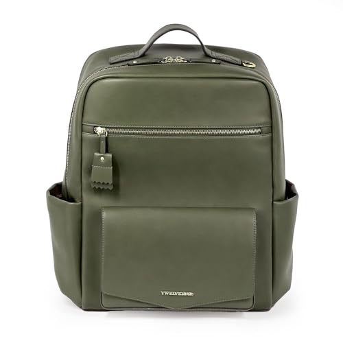 Image of TWELVElittle Peek A Boo Backpack Diaper bag with Stroller Clips, Wipes Pouch and Changing Pad, in Vegan Leather (Olive, One Size)