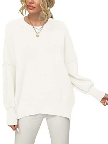 Anrabess Women's Long Sleeve Oversized Crew Neck Solid Color Side Slit Knit Pullover Sweater Tops White A305Baise-L #TOP1