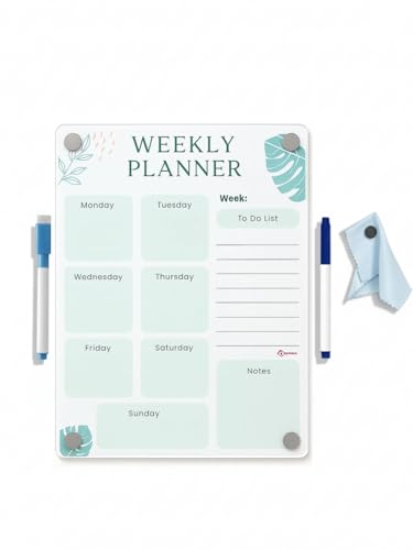 Image of Magnetic Weekly Planner & to-Do Board for Fridge (A4 - 21x30 cm) | Acrylic Dry Erase Chart for Kids & Adults | Strong Magnets, 2 Markers & Eraser Cloth | Meal Plan, Chores & Notes | Green