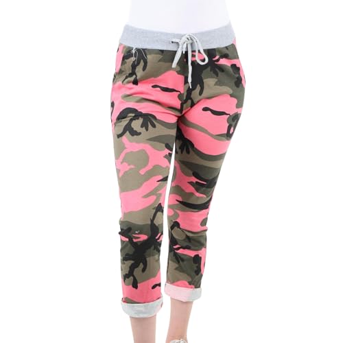 Image of WearAll Women’s Denim Jean Joggers Camouflage Print Sweatpants Floral Ribbed Waistband Trousers Ladies Casual Summer Italian Gym Running Pants Pink 14