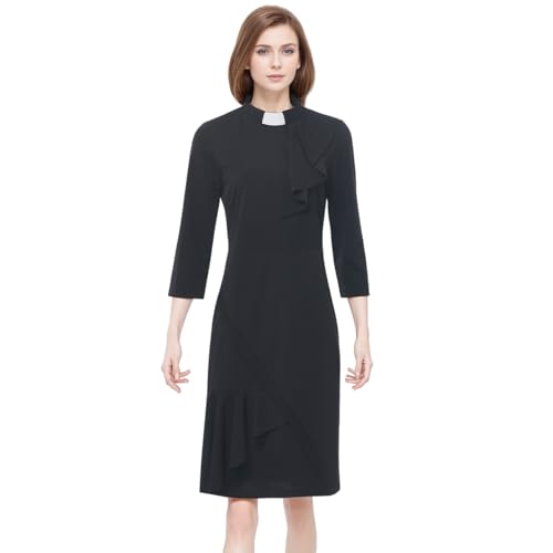 CAMDOM Women's Clergy Dress 3/4 Sleeve Black Pencil Dress with Ruffle Collar4