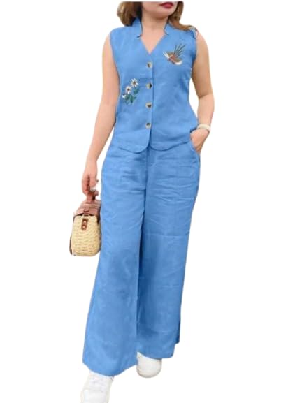 Bird & Floral Embroidered Top with Cotton Slub Palazzo with Pocket (Navy Blue, M)