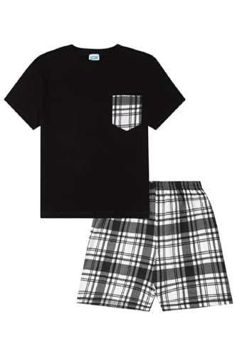 Conjunto de pijama corto de cuadros escoceses en blanco y negro para niños, Negro, 10-11 años