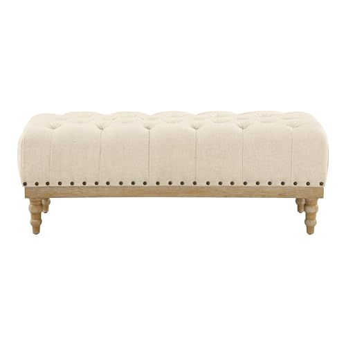 Image of OSP Home Furnishings Abigail Bench with Tufted Top and Antique Bronze Nailheads, Linen Fabric