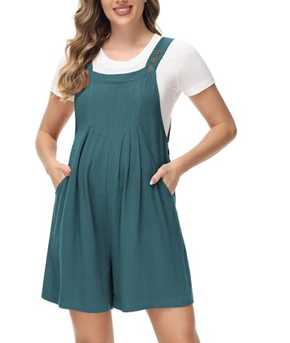 Maternity - Mono corto de lino con tirantes ajustables para verano, informal, sin mangas, con bolsillos, verde, S