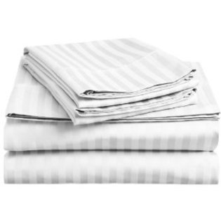 Crystal Trading 4-Piece Bed Sheet Set - Dobby Stripe - 100% Cotton Sateen - 300 Thread Count (Full, White)