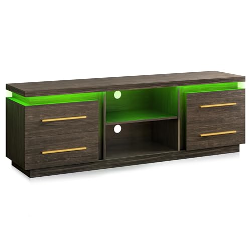 BELLEZE 66" TV Stand for TVs Up to 75", Entertainment Center with Music Sync LED Lights, Media Console Table Storage Cabinet with Open Shelves & Drawe