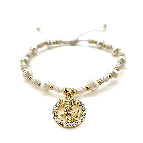St Michael Archangel Pendant Medal on Adjustable Ivory Cord and Freshwater Pearls Wrist Adjustable Bracelet