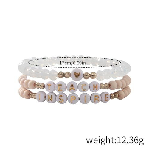 tenghong2021 Acrylic Bead Elastic Rope Beaded Bracelet for Women Handmade Wood Beaded Teacher Appreciation Strand Bracelets Teach Inspire Beaded Teacher Bracelets for Women Gifts Jewelry - Image 3