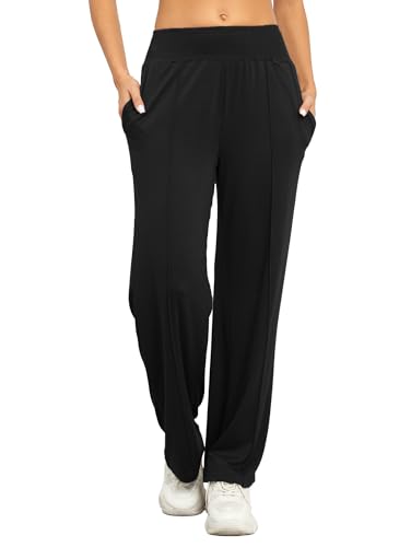 iChunhua Women's Smocked High Waist Wide Leg Pants Loose Casual Yoga Lounge Bottom Pajamas Trousers with Pockets