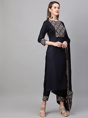 Image of GoSriKi Women's Ruby Cotton Straight Kurta with Pant & Dupatta (KALAKARI-GS)
