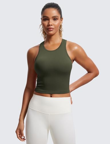 Image of CRZ YOGA Seamless Rib Racerback Crop Tank | Light Support, Removable Pads, Yoga, Ribbed, Racerback, Longline Sports Bras for Women