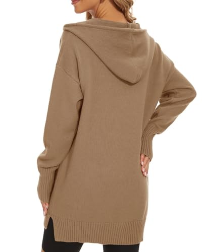 Image of Women's Hooded Sweater Loose Half Zip Drawstring Pullover Sweatshirt Top Casual Long Sleeve Side Slit Knit Hoodie