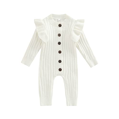 Image of Twopumpkin Newborn Baby Girl Knitted Sweater Jumpsuit Button Down Long Sleeve Romper Onesie Winter Clothes Warm Outfit