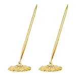 2 Pcs Gold Hollow Round Pen Holder Metal Pen Stand Holder Set Signing Pen Set Signing Desk Ballpoint Pens for Guest Book Wedding Birthday Party Graduation Teacher Office Business