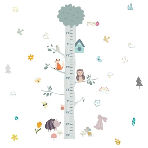 SUPERDANT Animaux Hauteur Tableau de Croissance Sticker Mural Grand Arbre Hibou Hauteur Mesure Stickers avec Soleil Fleur Décoration Murale