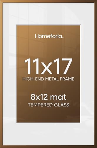 Image of Homeforia 11x17 Bronze Picture Frame, High End Metal 11x17 Brass Poster Frames with Mat 8x12 for Photo, 11 x 17 Frame Matted to 8 by 12 inch Print, 17x11 Thin Frame, Tempered Glass, Wall Kit, Set of 2