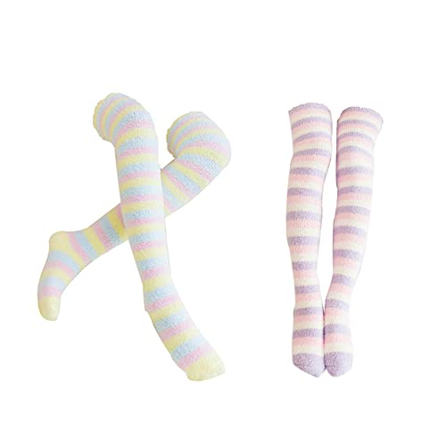 ASkinds 2 Pairs Women's Over Knee High Fuzzy Socks, Cute Coral Fleece Thigh High Long Striped Winter Christmas Leg Warmers