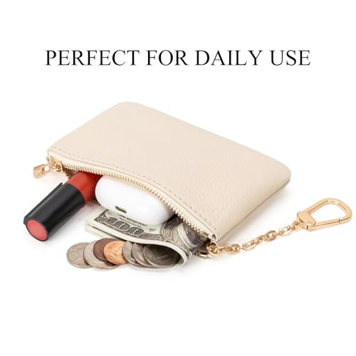 Image of Full Grain Leather Coin Purse with Key Chain - Small Change Purse Keychain Card Holder Keychain Pouch Small Keychain Wallet for Women and Men (Creamy-white, Large Size)