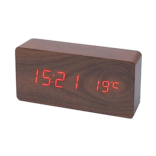 Gsrimgratoe Réveil numérique en bois, réveil LED avec température, horloges de bureau pour bureau, horloge de chevet bois foncé