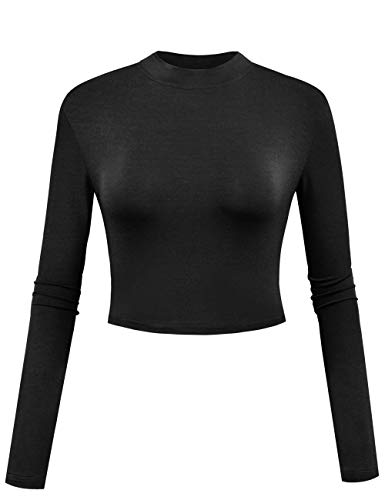 Women's Basic Mock Neck Crop Tops Sexy Long Sleeve Slim Fitted Shirts (0-Black, Medium)