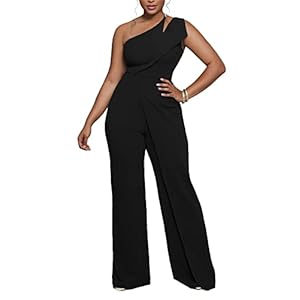 Vrtige Women's One Shoulder Sleeveless High Waist Wide Leg Long Pants Jumpsuit Romper Black# Medium