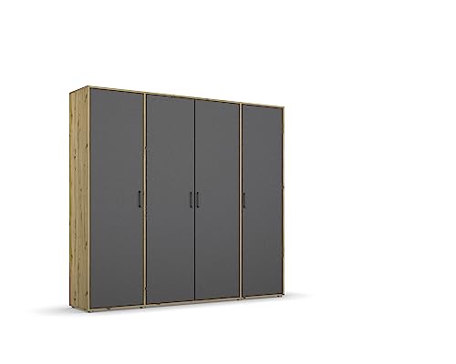 Rauch Möbel Voyager, Kleiderschrank für Schlafzimmer, Kinderzimmer, Babyzimmer, Jugendzimmer, Flur, 4-türig, mit Zubehör Basic, Farbe Grau metallic, Schwarz/Eiche Artisan, Holz, Breite 187cm