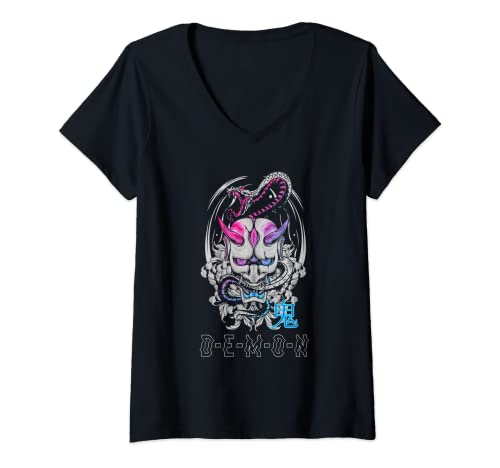 Damen Japanische Oni-Maske Dämonen-Ogre-Schlange - Ästhetischer japanischer Samurai T-Shirt mit V-Ausschnitt Cover