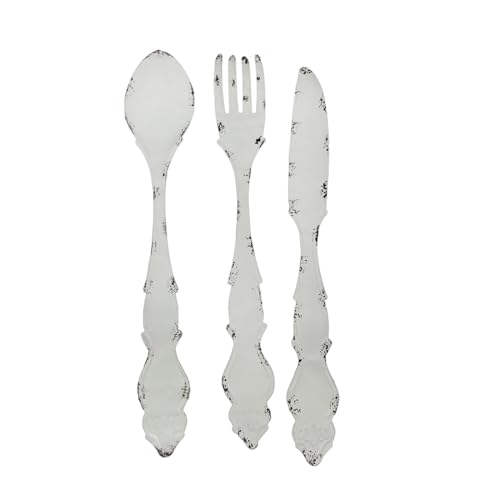 Rustic White Finish Metal Knife, Fork, and Spoon Wall Art: Decorative Utensil Set for Farmhouse Kitchen Decor, 30 Inches High – Vintage Charm and Elegance for Your Home by Zeckos - Used condition - US$19.58