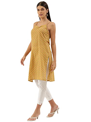 Image of FABRIC FITOOR Women's Mustard Color Cotton Knee Length Straight Strapy Kurti