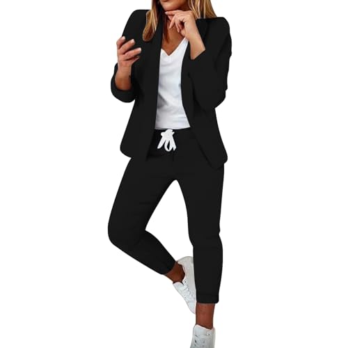 Richymfa - Traje de mujer con curvas, 2 piezas, elegante, completo para mujer, manga larga, oficina, blazer ligero con pantalones y chaqueta de ceremonia con pantalones y falda, Negro , M