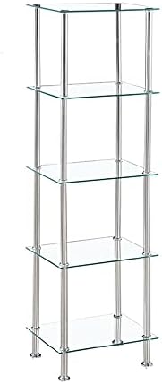 Modernique Glass Shelf Tier Storage Unit, Rectangular Shape in Black or Clear Glass with Chrome Stand, Shelving Unit (Clear, Tier 4)