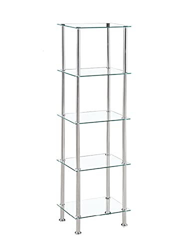 Modernique Glass Shelf Tier Storage Unit, Rectangular in Black or Clear Glass with Chrome Stand, Shelving Unit (Clear, Tier 5)