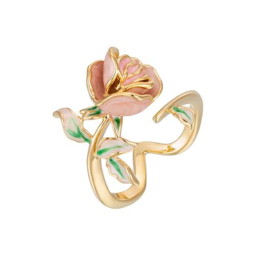 Kokoma Pink Rose Flower Ring for Women Enamel Elegant Floral Leaf Wrap Finger Band Wedding Rings Engagement Promise Ring Bands Fashion Jewelry