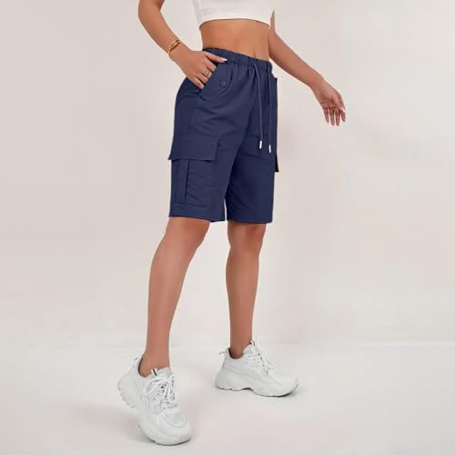 Bermuda Shorts for Women Summer Quick Dry Cargo Shorts with Pockets Outdoor Drawstring Waist Knee Length Hiking Short4