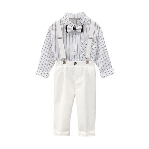 Baby Boys Dress Suit Toddlers Bowtie Striped Shirts and Suspender Pants Special Occasion Gentleman Outfits for 1-12 Years
