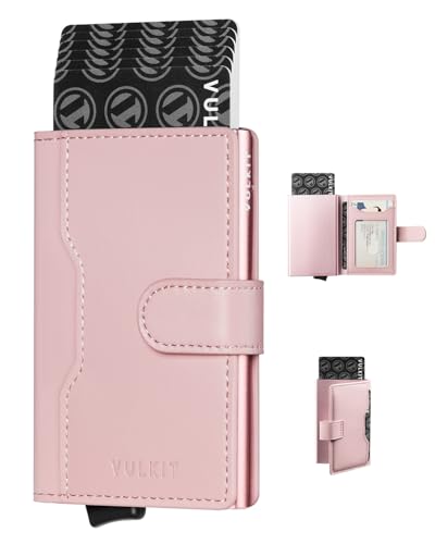 VULKIT Slim Bifold Pop up Wallet Minimalist Leather Card Holder RFID Blocking Metal Card Case with ID Window for Women(Rose)