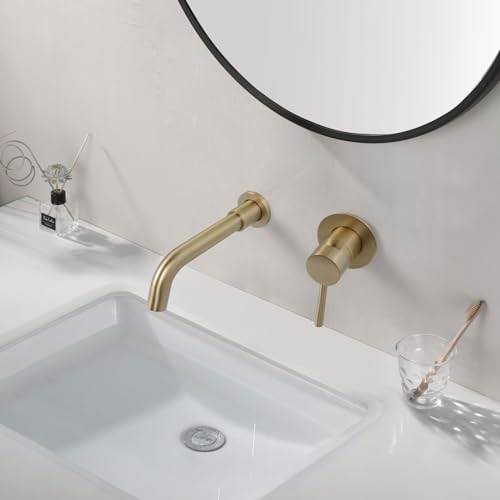 PHASAT Wall Mounted Bathroom Sink Tap Concealed Brass Basin Hot and Cold Mixer Tap, Brushed Gold PTBB06LG - Image 2