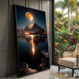 Peinture de forêt et lune sur châssis en bois pour salon chic