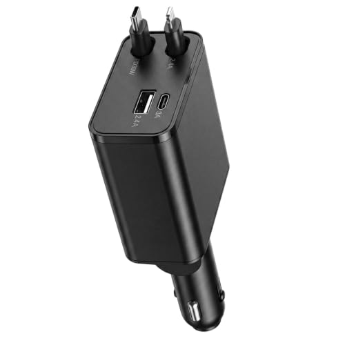 Vexnaro Cargador Coche USB C, Cargador Mechero Coche Retráctil 4 en 1 de 69W, Carga Rápida, Adaptador Coche con 2 Cables Retráctiles y 2 Puertos USB para Smartphones, Tablets y Viajes