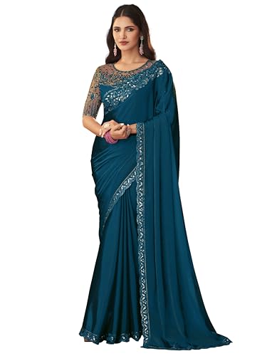Image of TRENDMALLS Women's Designer Rangoli Silk Embroidered Saree with Floral Cutwork Border, Sequin Work and Unstitched Blouse Piece For Women