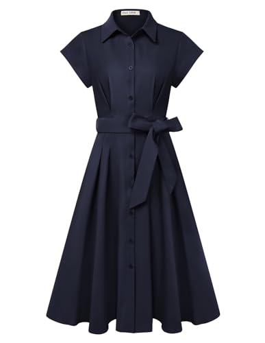 GRACE KARIN Women's Short Sleeve A-Line Midi Dresses Elegant Lapel Neck Buttons Tie Waist Shirt Dress for Work Wedding Navy Blue M
