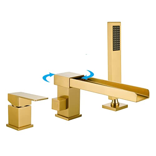 Artbath Wasserfall-Wasserhahn mit Handbrause, Messing-Badewannenarmatur, Deckmontage, Wannenfüller, Wasserhähne mit Sprüher, gebürstetes Gold