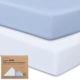 2 Pack and Play Sheets, Waterproof Mini Crib Sheets Fitted - 38x26 Organic Cotton Pack N Play Sheets for Graco Pack and Play Mattress, Playard Baby Crib Sheets,Neutral for Boy,Girl,Toddler(Blue Flax)