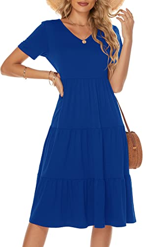 Image of Berydress Women's Casual Summer Tiered Midi Dress 2026 V Neck Boho Sundress | Short Sleeve Dresses for Women, Loose Ruffle Babydoll Style, Cotton Blend Fabric, for Church, Going Out, Beach Vacation