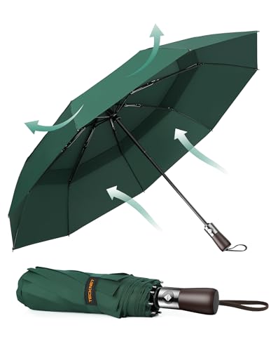 TECKNET paraguas plegable, un paraguas plegable antiviento con 9 varillas resistentes y tejido impermeable 210T. Este paraguas automático es adecuado tanto para días soleados como lluviosos