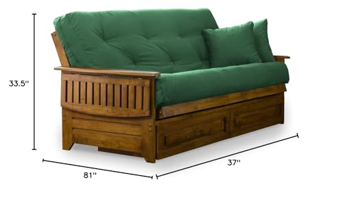 Nirvana Futons Brentwood Tray Arm Futon Frame, Drawers, and Hunter Green Mattress Set - Full, Rich Heritage Finish