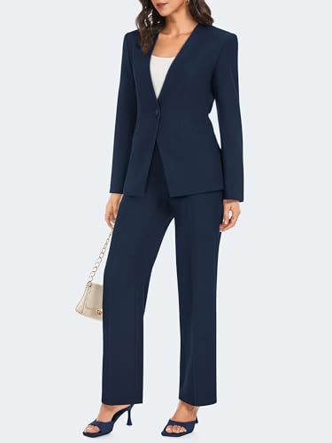 2 Piece Pant Suits for Women Dressy Casual Collarless Blazer Jacket Business Formal Outfits Fall Matching Work Wedding Clothing Set Navy Blue 2XL3