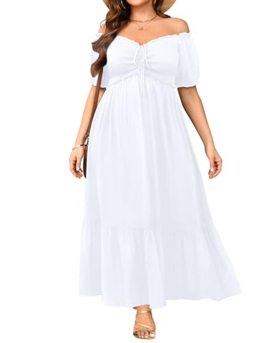 Image of Plus Size Sun Dresses Women - Summer Off the Shoulder Puff Sleeve A Line Boho Maxi Flow Long Dress 2025