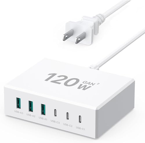 USB C充電器 総電力120W GaN マルチUSB充電器【3USB-C＋3USB-A】 急速充電PD 3.0電源充電器 6ポートUSB C充電ステーション iPhone/Samsung/Google/タブレット/モバイルパワーおよびその他のUSBデバイスに対応 (ホワイト)